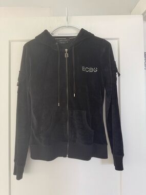 BCBGMaxAzria set. Black Velour Crystal Logo Zip Hoodie, size M. Pants size L
